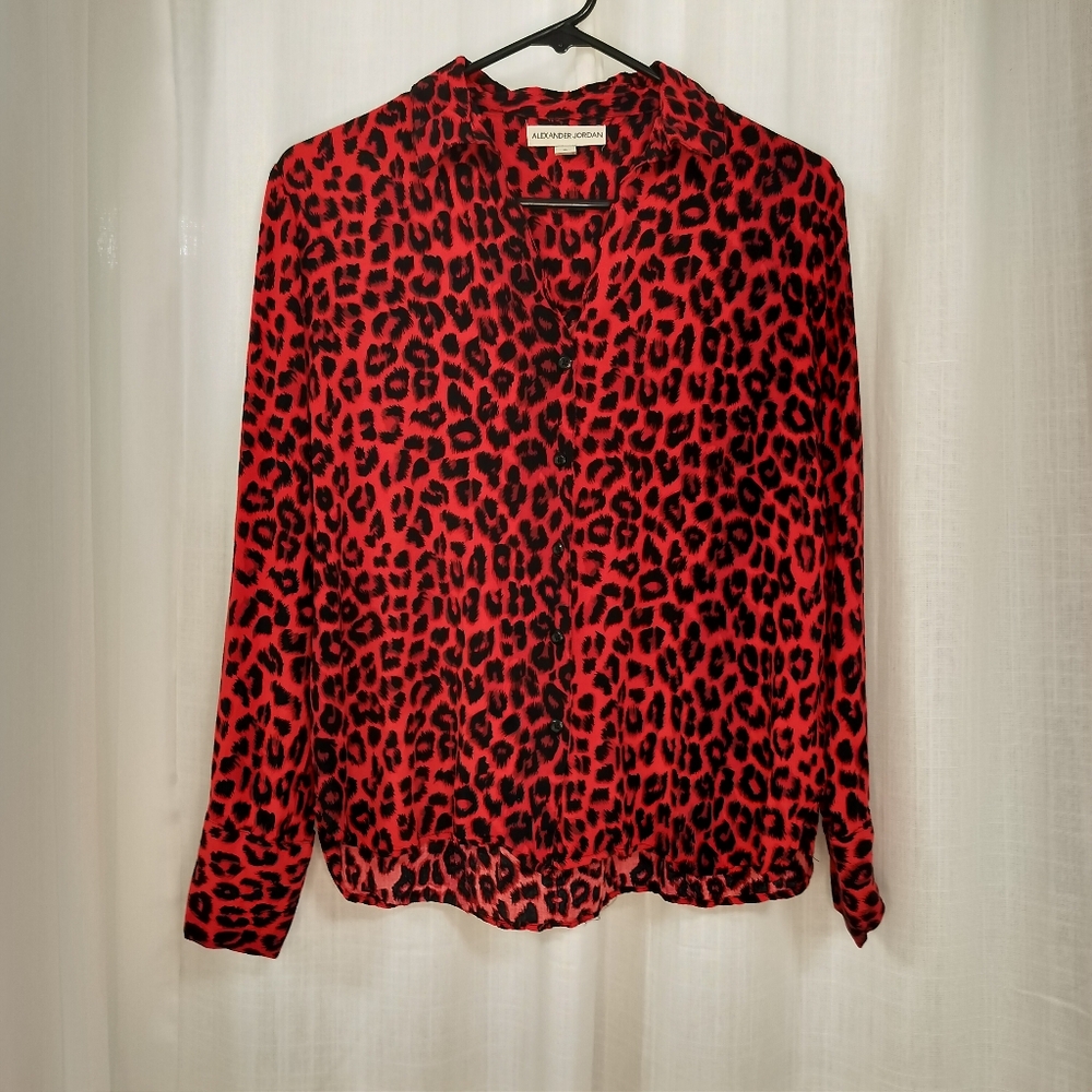 2/$30 Alexander Jordan Red Leopard Print Button Up Sz S‎ Mob Wife Office
